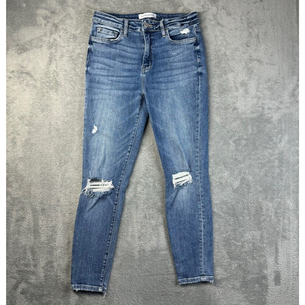 Flying Monkey Jeans Womens 29 Blue Distressed Whiskered Skinny Stretch Denim
